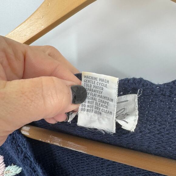 Vintage Floral Embroidered Cardigan Navy & Cream Deadstock Women’s L Cottage - Picture 4 of 9